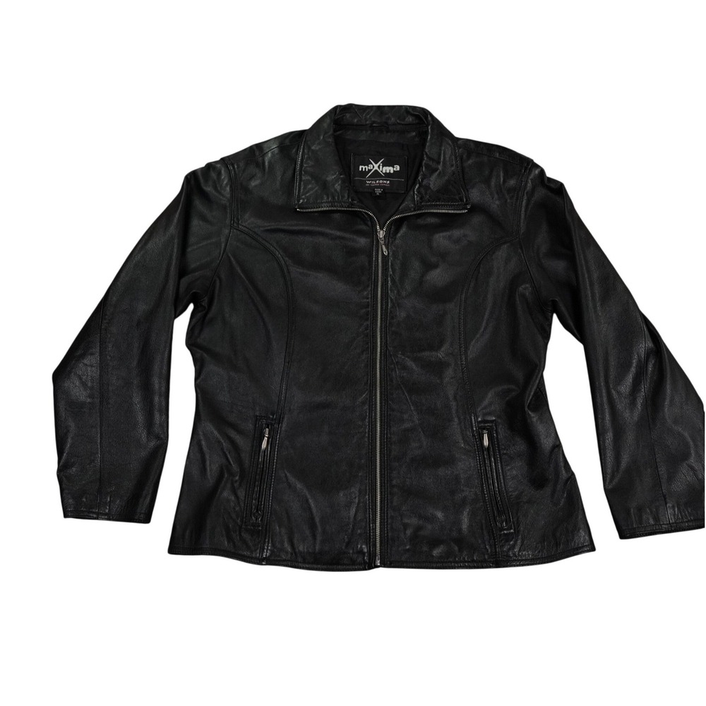 VTG Wilsons Maxima Black Leather Moto Jacket Womens XL Full Zip 90s Biker Style‎